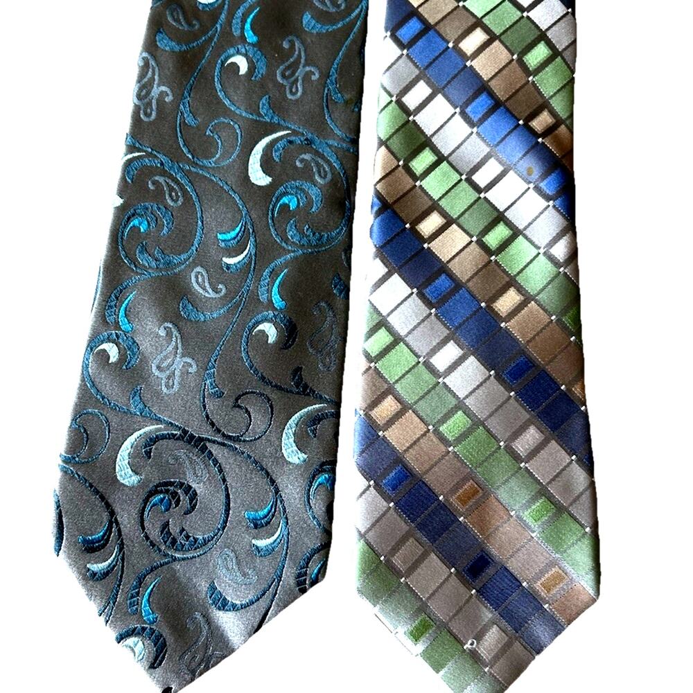2 VTG Men’s Silk Ties 90s Paisley, Geometric, Shiny Silver Y2K Formal Ivy League